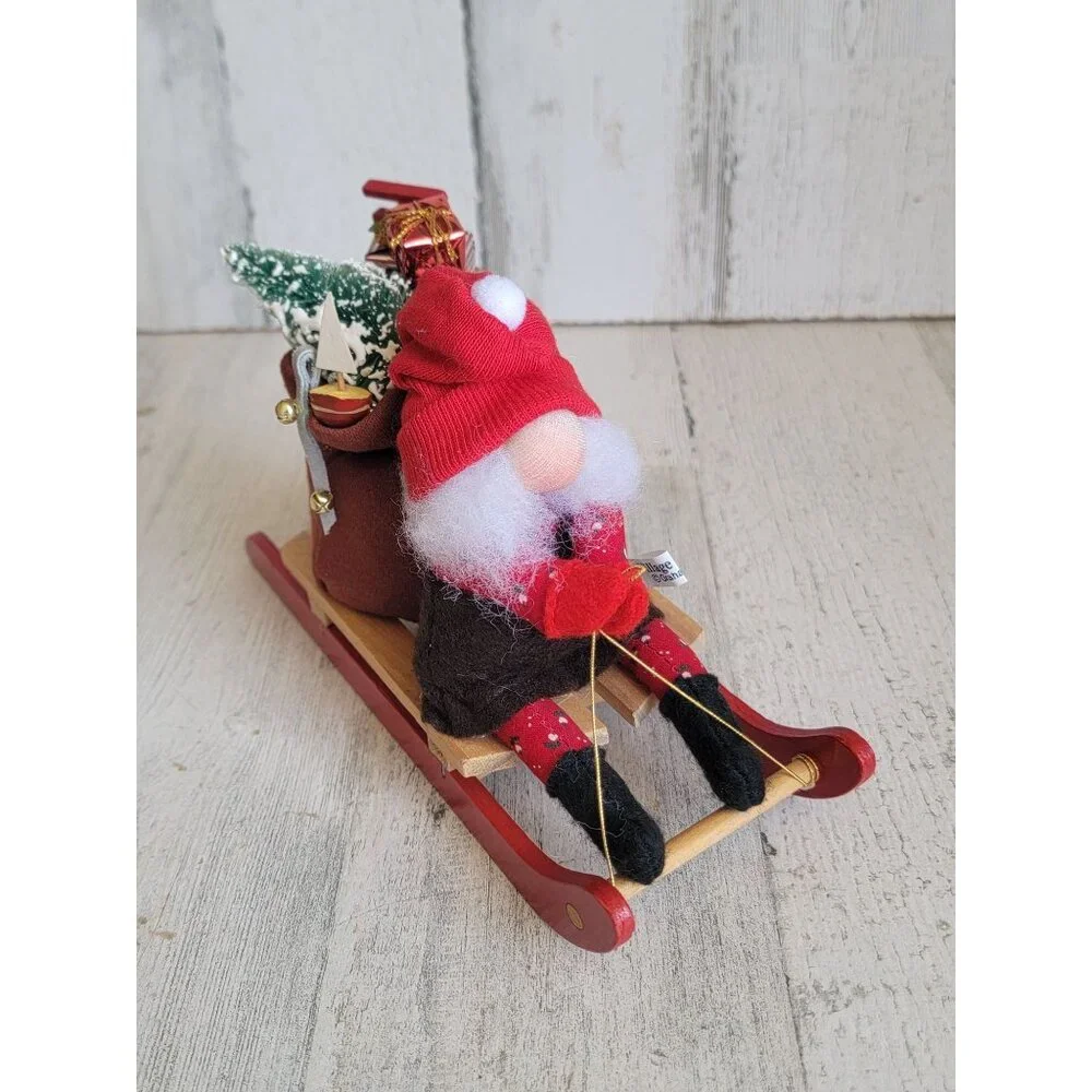Village gnomes red sled present tree Xmas Decor figure